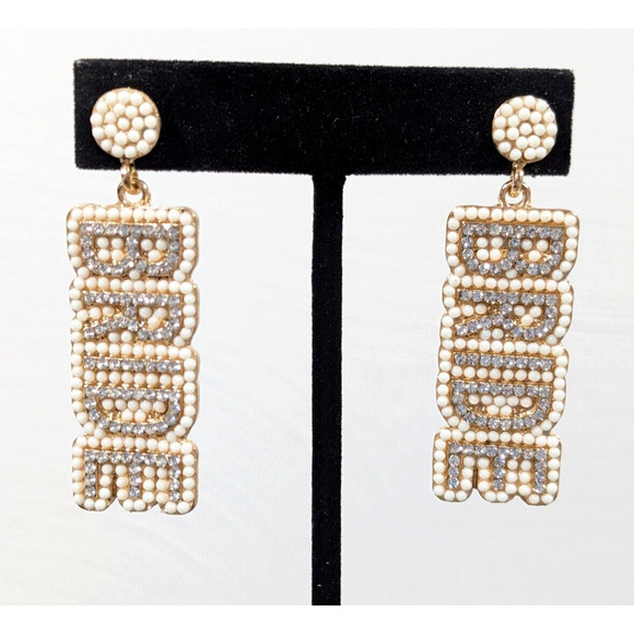 Gold Tone Bride White Bead Rhinestone Dangle Pierced Earrings Wedding - Picture 1 of 8